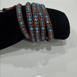 Chan Luu Turquoise and Brown Leather Wrap Bracelet 36 inches